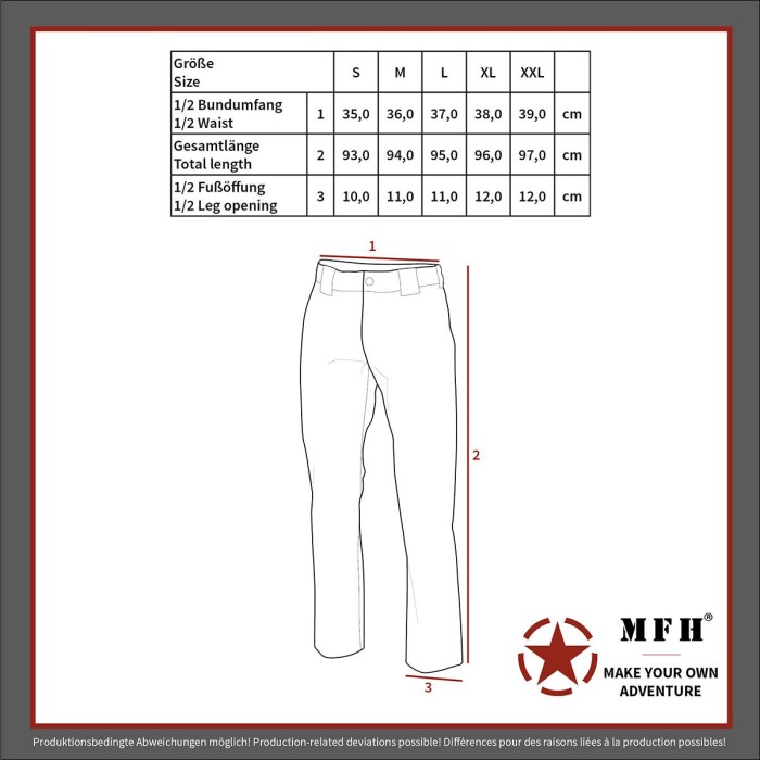 Size chart for thermal functional underpants, long